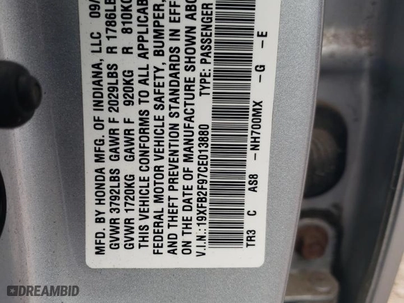 2012 Honda Civic Sdn EX-L with VIN 19XFB2F97CE013880, listed as a Copart auction lot 59819494 with 222,678 mi miles and Salvage Title. Bid and sale history available at carsss.com. Image 12.