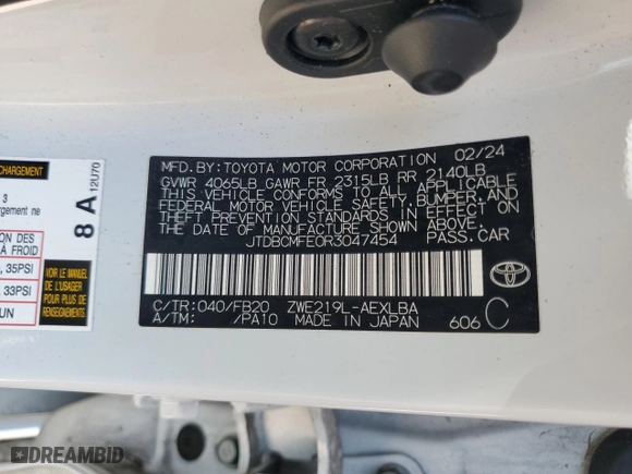 2024 Toyota Corolla Hybrid LE with VIN JTDBCMFE0R3047454, listed as a Copart auction lot 50654865 with 47,597 mi miles and Salvage Title. Bid and sale history available at carsss.com. Image 12.