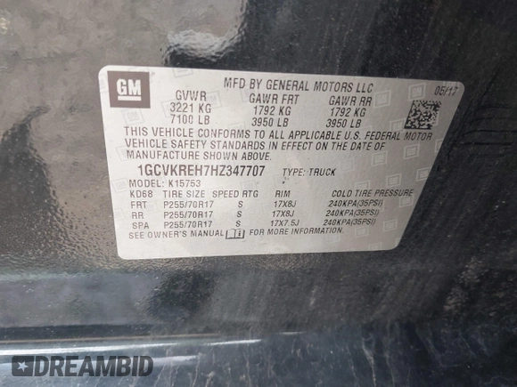 2017 Chevrolet Silverado 1500 LT with VIN 1GCVKREH7HZ347707, listed as a IAAI auction lot 41928961 with 58,800 mi miles and . Bid and sale history available at DreamBid. Image 9.