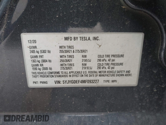 2021 Tesla Model Y Performance with VIN 5YJYGDEF4MF093227, listed as a IAAI auction lot 41603195 with Not Provided miles and . Bid and sale history available at carsss.com. Image 8.