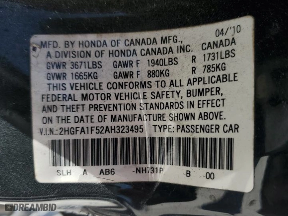 2010 Honda Civic Sdn LX with VIN 2HGFA1F52AH323495, listed as a Copart auction lot 49909665 with 156,849 mi miles and Salvage Title. Bid and sale history available at carsss.com. Image 13.