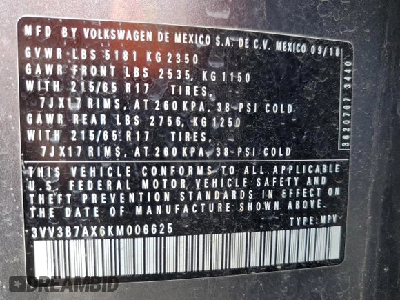 2019 Volkswagen Tiguan SE with VIN 3VV3B7AX6KM006625, listed as a Copart auction lot 54920675 with 79,890 mi miles and Salvage Title. Bid and sale history available at DreamBid. Image 14.