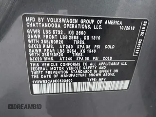 2019 Volkswagen Atlas SE z VIN 1V2WR2CA9KC503400, wystawiony jako IAAI lot #41920119 z przebiegiem 91 208 mil mil oraz . Historia ofert i sprzedaży dostępna na DreamBid. Obrazek 9.