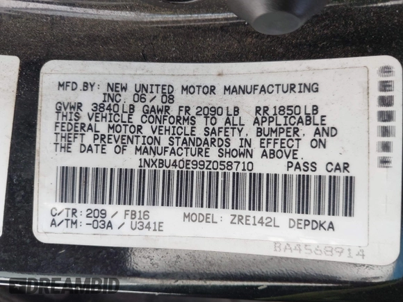 2009 Toyota Corolla with VIN 1NXBU40E99Z058710, listed as a IAAI auction lot 42073025 with 190,818 mi miles and . Bid and sale history available at DreamBid. Image 9.