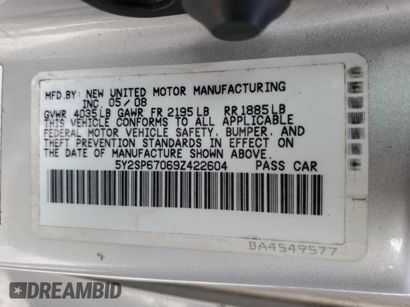 2009 Pontiac Vibe 1SB with VIN 5Y2SP67069Z422604, listed as a Copart auction lot 67141255 with 233,243 mi miles and Clean title. Bid and sale history available at DreamBid. Image 12.