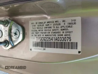 2001 Honda Accord EX with VIN 1HGCG22541A033075, listed as a IAAI auction lot 40200453 with 121,275 mi miles and . Bid and sale history available at DreamBid. Image 9.