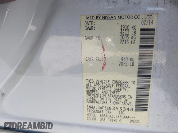 2014 Nissan Altima S with VIN 1N4AL3AP3EN355348, listed as a IAAI auction lot 41596162 with 131,291 mi miles and . Bid and sale history available at carsss.com. Image 9.