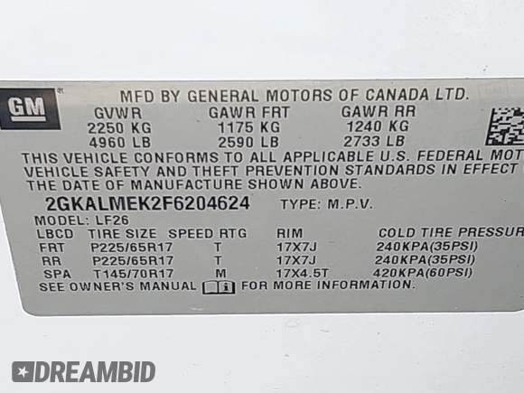 2015 GMC Terrain SLE with VIN 2GKALMEK2F6204624, listed as a IAAI auction lot 42492681 with 218,629 mi miles and . Bid and sale history available at DreamBid. Image 9.