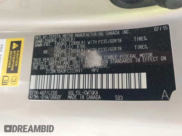 2015 Lexus RX 350 with VIN 2T2BK1BA9FC333841, listed as a IAAI auction lot 42589452 with 61,666 mi miles and . Bid and sale history available at DreamBid. Image 9.