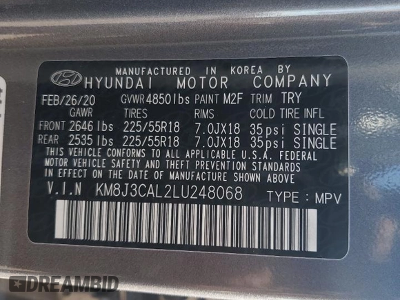 2020 Hyundai Tucson Sport z VIN KM8J3CAL2LU248068, wystawiony jako Copart lot #50264755 z przebiegiem 75 760 mil mil oraz Szkoda całkowita • Salvage title. Historia ofert i sprzedaży dostępna na DreamBid. Obrazek 14.