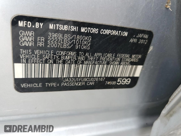 2012 Mitsubishi Lancer DE with VIN JA32U1FU9CU026167, listed as a Copart auction lot 80054024 with 32,426 mi miles and Salvage Title. Bid and sale history available at DreamBid. Image 12.