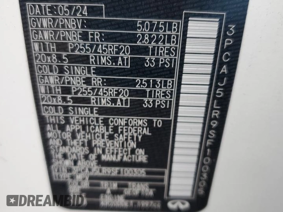 2025 Infiniti QX55 Sensory with VIN 3PCAJ5LR9SF100305, listed as a Copart auction lot 85075534 with 3,178 mi miles and Salvage Title. Bid and sale history available at DreamBid. Image 14.