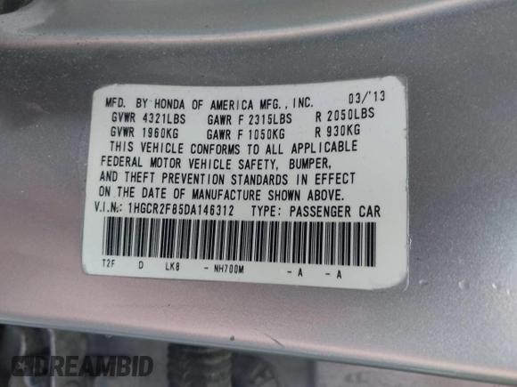 2013 Honda Accord Sdn EX-L with VIN 1HGCR2F85DA146312, listed as a IAAI auction lot 42077487 with 190,344 mi miles. Bid and sale history available at carsss.com. Image 9.