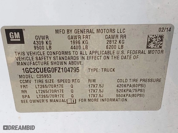 2015 Chevrolet Silverado 2500HD Built After Aug 14 Work Truck with VIN 1GC2CUEG0FZ104795, listed as a IAAI auction lot 41417498 with NaN miles. Bid and sale history available at carsss.com. Image 9.