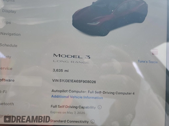 2025 Tesla Model 3 Long Range с VIN 5YJ3E1EA6SF908026, выставлен на аукционе Copart как лот 52297095 с пробегом 3 635 миль миль и Списание • Salvage title. История ставок и продаж доступна на DreamBid. Изображение 9.