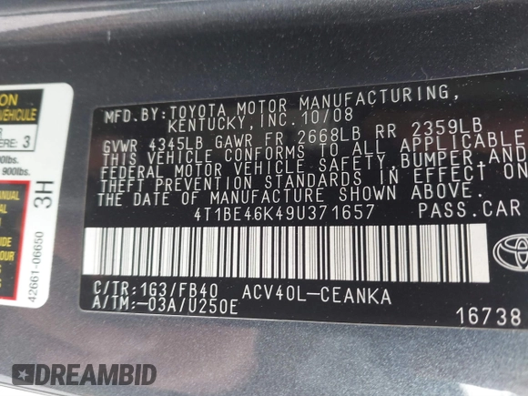2009 Toyota Camry with VIN 4T1BE46K49U371657, listed as a IAAI auction lot 41889563 with 143,131 mi miles and . Bid and sale history available at carsss.com. Image 9.