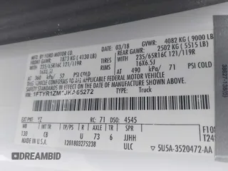 2018 Ford Transit with VIN 1FTYR1ZM1JKA65272, listed as a IAAI auction lot 41697964 with Not provided miles and . Bid and sale history available at DreamBid. Image 9.