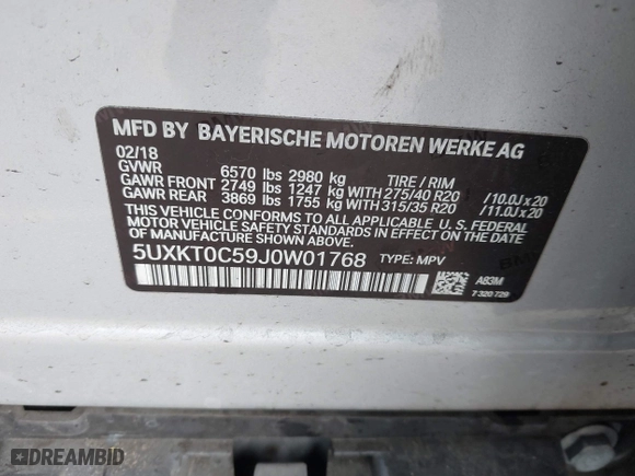 2018 BMW X5 xDrive40e iPerformance with VIN 5UXKT0C59J0W01768, listed as a IAAI auction lot 41603257 with 1 mi miles. Bid and sale history available at carsss.com. Image 9.