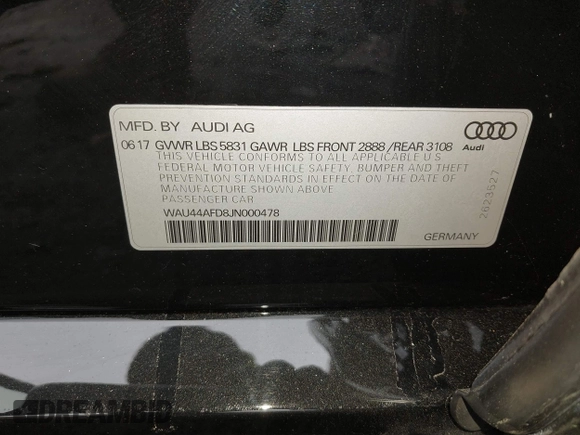 2018 Audi A8 L with VIN WAU44AFD8JN000478, listed as a IAAI auction lot 41726558 with 88,668 mi miles. Bid and sale history available at carsss.com. Image 9.