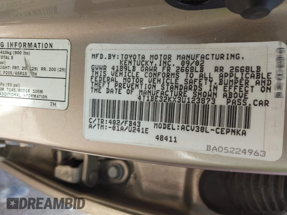 2003 Toyota Camry LE with VIN 4T1BE32KX3U123873, listed as a IAAI auction lot 42085492 with 166,901 mi miles and . Bid and sale history available at DreamBid. Image 9.