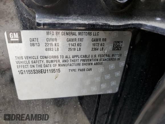 2014 Chevrolet Impala LTZ with VIN 1G1155S38EU119515, listed as a Copart auction lot 52809605 with 107,952 mi miles and Salvage Title. Bid and sale history available at DreamBid. Image 14.