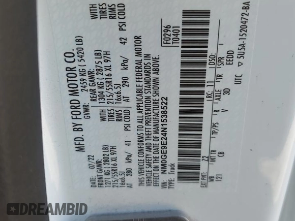 2022 Ford Transit Connect XL with VIN NM0GE9E24N1538522, listed as a Copart auction lot 51353895 with 65,514 mi miles and Salvage title. Bid and sale history available at DreamBid. Image 13.