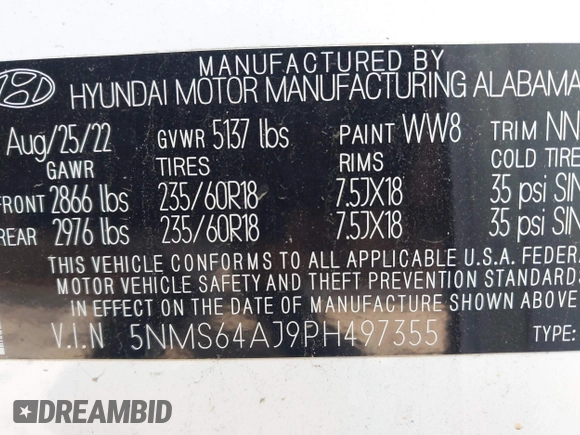 2023 Hyundai Santa Fe XRT with VIN 5NMS64AJ9PH497355, listed as a IAAI auction lot 41667596 with 67,584 mi miles. Bid and sale history available at carsss.com. Image 9.