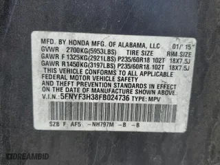 2015 Honda Pilot SE with VIN 5FNYF3H38FB024736, listed as a Copart auction lot 51492805 with 134,373 mi miles and Salvage Title. Bid and sale history available at carsss.com. Image 15.
