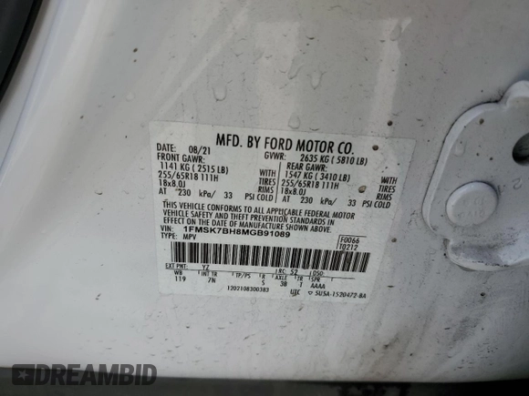 2021 Ford Explorer with VIN 1FMSK7BH8MGB91089, listed as a Copart auction lot 41741555 with 68,602 mi miles and Salvage Title. Bid and sale history available at carsss.com. Image 14.