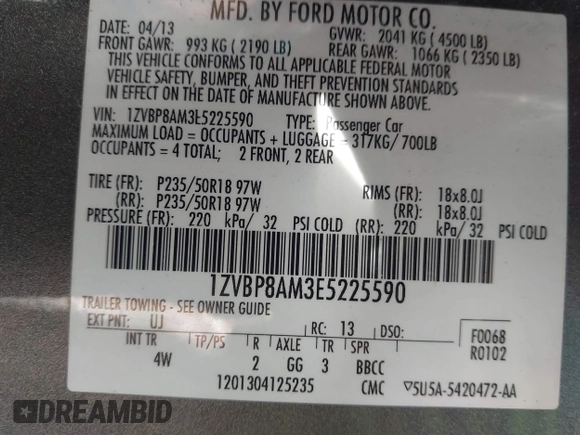 2014 Ford Mustang V6 with VIN 1ZVBP8AM3E5225590, listed as a IAAI auction lot 42148999 with 94,911 mi miles and . Bid and sale history available at DreamBid. Image 9.