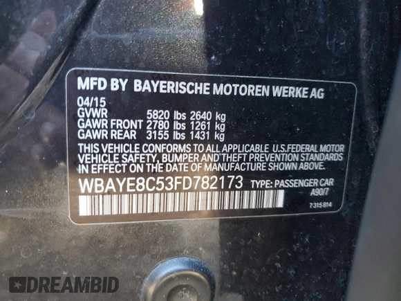 2015 BMW 7 Series 750Li with VIN WBAYE8C53FD782173, listed as a Copart auction lot 41584115 with 114,986 mi miles and Clean Title. Bid and sale history available at carsss.com. Image 12.