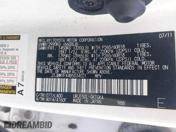 2011 Lexus GX 460 with VIN JTJBM7FX4B5034021, listed as a IAAI auction lot 42643644 with 176,604 mi miles and . Bid and sale history available at DreamBid. Image 9.
