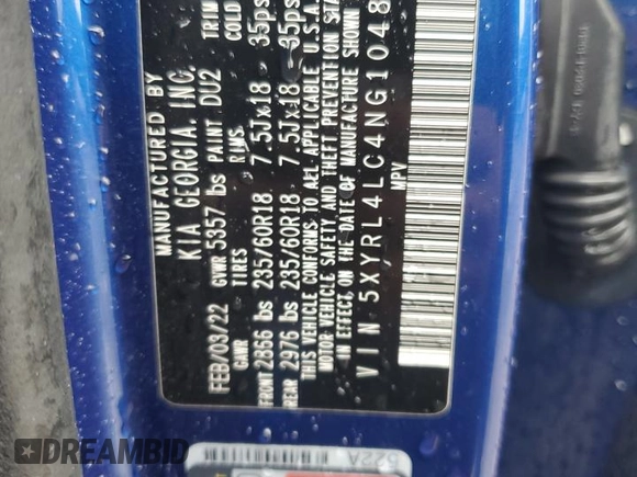 2022 Kia Sorento S with VIN 5XYRL4LC4NG104861, listed as a Copart auction lot 54663455 with 82,489 mi miles and Salvage title. Bid and sale history available at DreamBid. Image 13.