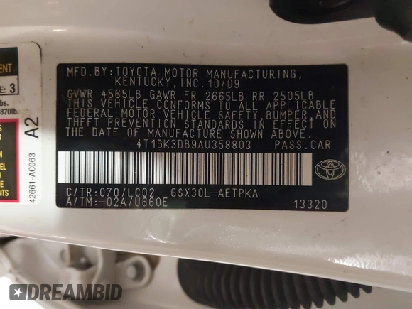 2010 Toyota Avalon XL with VIN 4T1BK3DB9AU358803, listed as a IAAI auction lot 41072257 with 157,185 mi miles and . Bid and sale history available at DreamBid. Image 9.