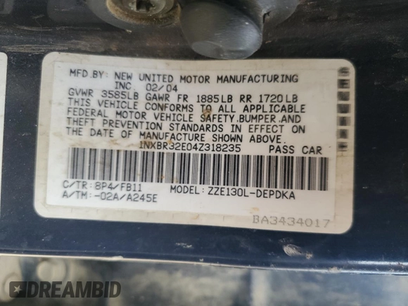 2004 Toyota Corolla CE with VIN 1NXBR32E04Z318235, listed as a Copart auction lot 55072815 with 299,999 mi miles and Clean Title. Bid and sale history available at DreamBid. Image 12.