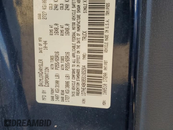 2005 Dodge Dakota SLT with VIN 1D7HE48K85S165264, listed as a Copart auction lot 81218484 with Not Provided miles and Salvage Title. Bid and sale history available at DreamBid. Image 12.