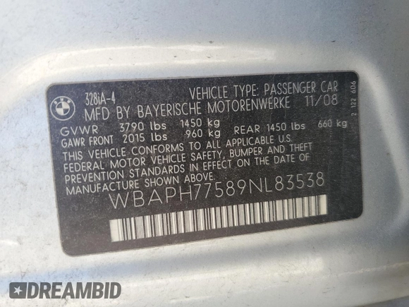 2009 BMW 3 Series 328i с VIN WBAPH77589NL83538, выставлен на аукционе Copart как лот 60836375 с пробегом 192 384 миль миль и Списание • Salvage title. История ставок и продаж доступна на DreamBid. Изображение 12.