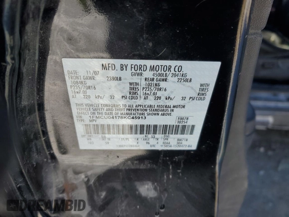 2008 Ford Escape Limited with VIN 1FMCU04178KC45913, listed as a Copart auction lot 45405695 with Not provided miles and Salvage title. Bid and sale history available at DreamBid. Image 12.