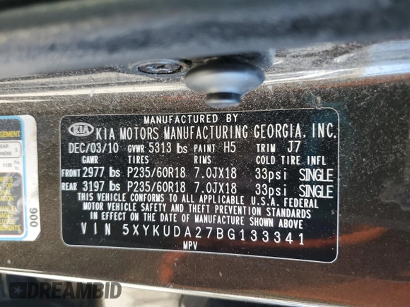 2011 Kia Sorento EX with VIN 5XYKUDA27BG133341, listed as a Copart auction lot 47578165 with 129,331 mi miles and Salvage Title. Bid and sale history available at DreamBid. Image 14.