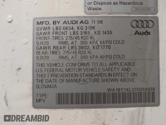2007 Audi Q7 Premium with VIN WA1BY74L37D058938, listed as a IAAI auction lot 41928034 with 163,779 mi miles and . Bid and sale history available at DreamBid. Image 9.