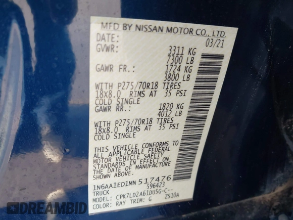 2021 Nissan Titan Pro-4X z VIN 1N6AA1ED1MN517476, wystawiony jako IAAI lot #41422217 z przebiegiem 62 650 mil mil oraz . Historia ofert i sprzedaży dostępna na DreamBid. Obrazek 9.