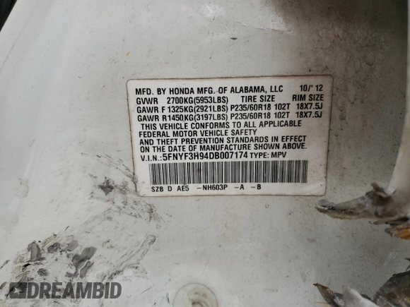 2013 Honda Pilot Touring with VIN 5FNYF3H94DB007174, listed as a Copart auction lot 48033325 with 205,432 mi miles and Salvage Title. Bid and sale history available at DreamBid. Image 13.