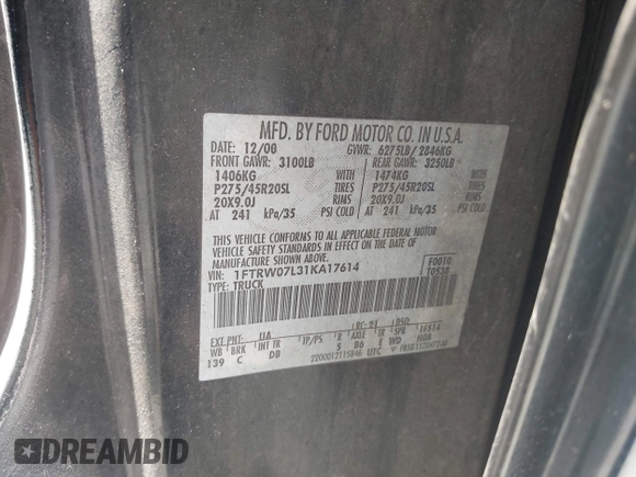 2001 Ford F-150 XLT с VIN 1FTRW07L31KA17614, выставлен на аукционе IAAI как лот 42522640 с пробегом Не указан миль и . История ставок и продаж доступна на DreamBid. Изображение 9.