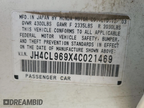 2004 Acura TSX w/Navigation with VIN JH4CL969X4C021469, listed as a Copart auction lot 60602785 with 201,623 mi miles and Salvage title. Bid and sale history available at DreamBid. Image 12.