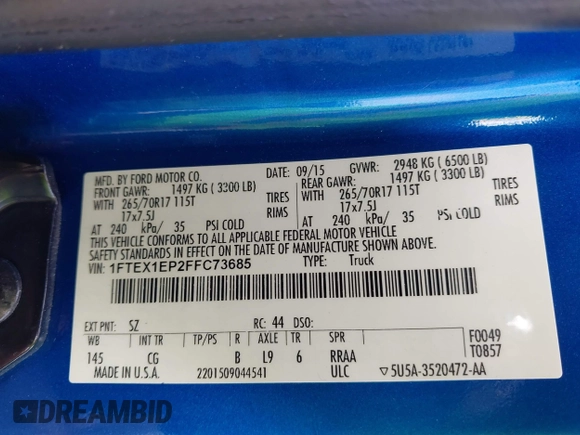 2015 Ford F-150 XLT z VIN 1FTEX1EP2FFC73685, wystawiony jako IAAI lot #42170312 z przebiegiem Nie podano mil oraz . Historia ofert i sprzedaży dostępna na DreamBid. Obrazek 9.