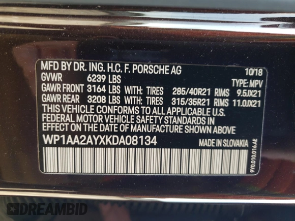 2019 Porsche Cayenne with VIN WP1AA2AYXKDA08134, listed as a Copart auction lot 52077825 with 53,719 mi miles and Salvage Title. Bid and sale history available at DreamBid. Image 13.