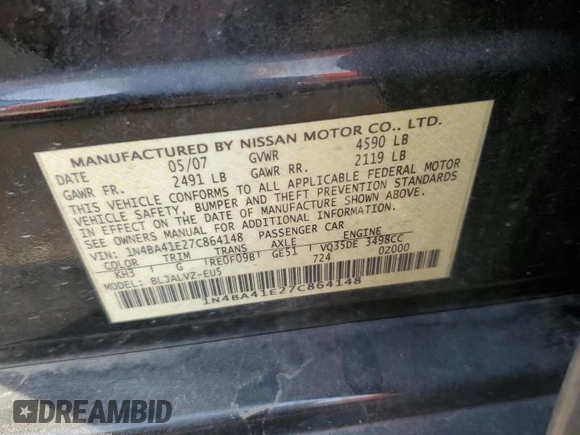 2007 Nissan Maxima 3.5 SE with VIN 1N4BA41E27C864148, listed as a Copart auction lot 77995914 with 161,930 mi miles and Clean Title. Bid and sale history available at carsss.com. Image 12.