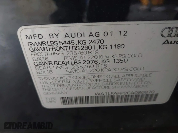 2012 Audi Q5 Premium Plus z VIN WA1LFAFP2CA080870, wystawiony jako IAAI lot #42094583 z przebiegiem 132 189 mil mil oraz . Historia ofert i sprzedaży dostępna na DreamBid. Obrazek 9.