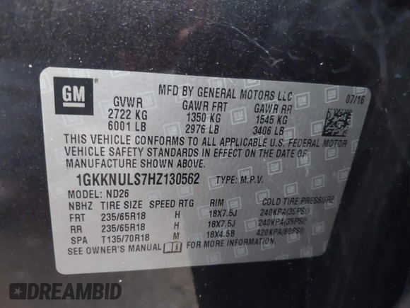 2017 GMC Acadia SLT with VIN 1GKKNULS7HZ130562, listed as a IAAI auction lot 42740025 with 181,194 mi miles and . Bid and sale history available at DreamBid. Image 9.