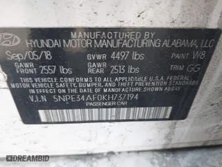 2019 Hyundai Sonata Sport with VIN 5NPE34AF0KH737194, listed as a IAAI auction lot 41898277 with 72,142 mi miles. Bid and sale history available at carsss.com. Image 9.